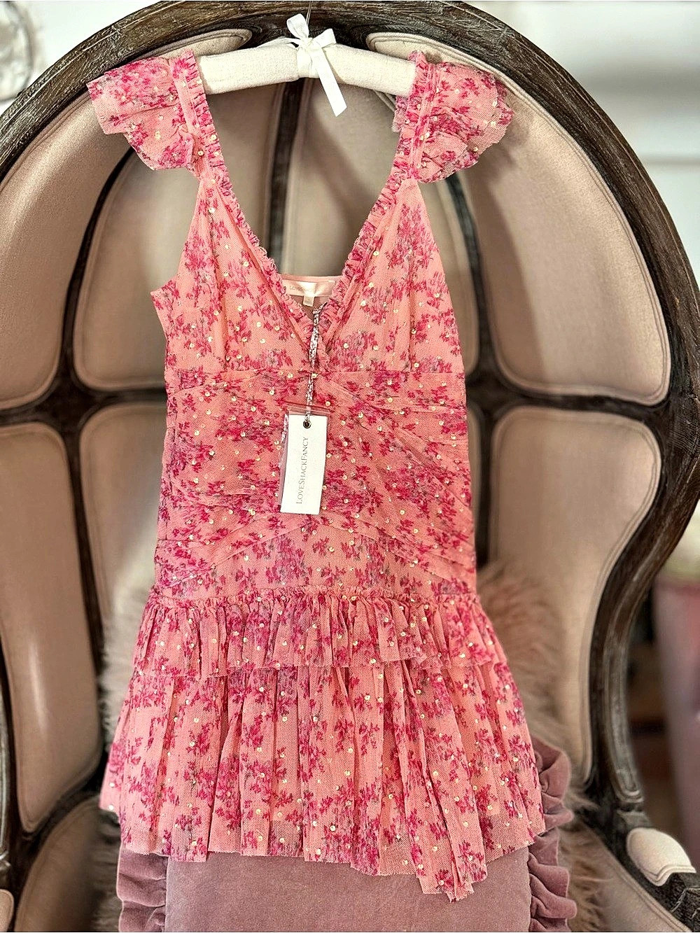 LoveShackFancy Roey Dress Floral Sequin Mini Tulle Autumn Rose Pink Size 4 XS S
